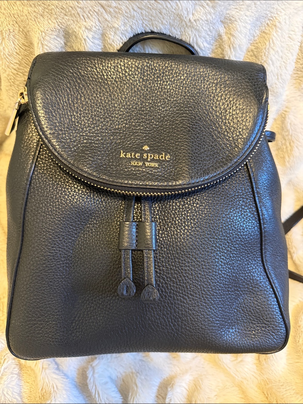kate spade Black Pebbled Leather Backpack with Gold Logo